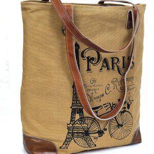 CLA Upcycled Canvas & Leather Handbag 16 Inch Height & Cowhide Tote Bag, Canvas